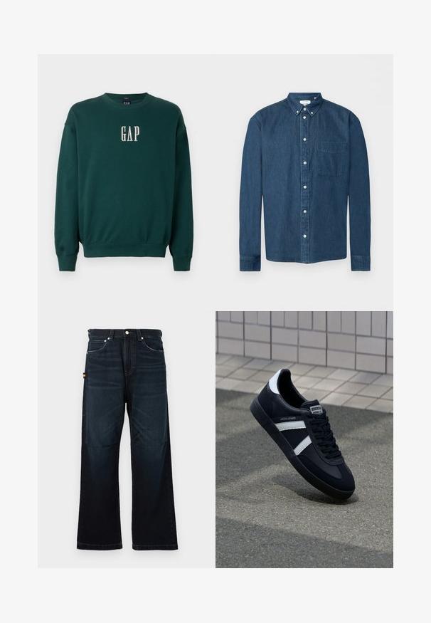 Groene sweatshirt met lange mouwen, voorzien van geribbelde manchetten en tailleband, met een witte geborduurde "GAP"-logo op de borst. Zachte stofstructuur.; Donkerblauw denim overhemd met knopen, lange mouwen, een voorzak aan de linkerkant en een button-down kraag, weergegeven op een witte achtergrond.; Donkerblauwe broek met rechte pijpen, klassieke vijf-pocket ontwerp, riemlussen en subtiele vervaging bij de voorkant en knieën.; Zwarte leren sneaker met witte strepen, een gestructureerde rubberen zool en vetersluiting aan de voorkant. Voorzien van een merklabel op de tong.