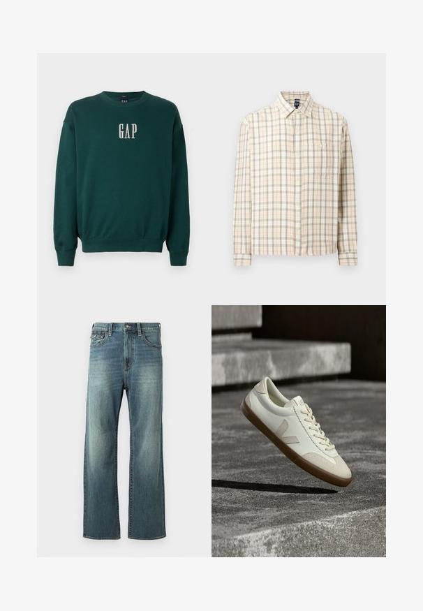 Grüner Langarm-Sweatshirt mit gerippten Bündchen und Saum, mit weißem, gesticktem "GAP"-Logo auf der Brust. Weicher Stoff.; Beige kariertes Hemd mit langen Ärmeln, durchgehender Knopfleiste, einer Brusttasche und klassischem Kragen, vor einem einfarbigen Hintergrund dargestellt.; Hellblaue Denim-Jeans mit geradem Bein, leichtem Ausbleichen, fünf Taschen und Gürtelschlaufen. Verfügt über gestickte Akzente und einen Knopfverschluss.; Weiße Leder-Sneaker mit beige-gummiartiger Sohle, flachen Schnürsenkeln und V-förmigem Akzent an der Seite. Verfügt über eine glatte Oberfläche und minimale Nahtdetails.