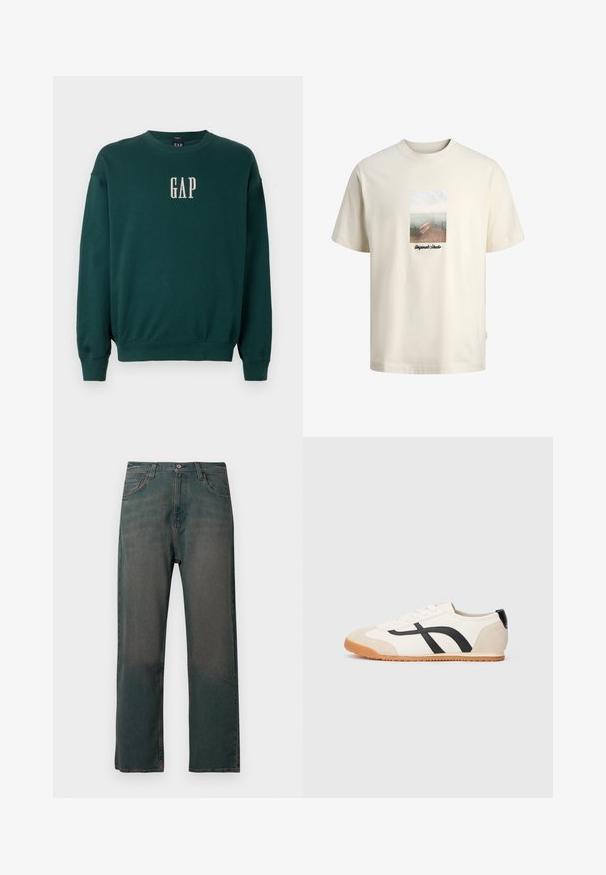 Groene sweatshirt met lange mouwen, voorzien van geribbelde manchetten en tailleband, met een witte geborduurde "GAP"-logo op de borst. Zachte stofstructuur.; Crèmekleurig T-shirt met een afbeelding van een houten steiger met uitzicht op rustig water en de tekst "Originals Studio" onder de afbeelding.; Donkergroene spijkerbroek met rechte pijpen, voorzien van een klassiek ontwerp met vijf zakken en contrasterende stiksels langs de naden.; Witte lage sneaker met beige accenten op de teen en hiel, zwarte gebogen zijstrepen, witte veters en een gum rubberen zool, getoond in linker zijaanzicht.