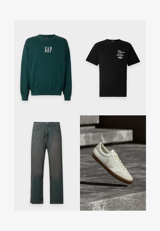 Grøn langærmet sweatshirt med ribbede manchetter og talje, med hvidt broderet "GAP" logo på brystet. Blødt stof.; Sort bomulds T-shirt med korte ærmer, der har et hvidt "Chrome and Leather" grafik på venstre bryst og brandnavnet "REPLAY."; Mørkegrønne denimjeans med lige ben, der har et klassisk design med fem lommer og kontrastsyninger langs sømmene.; Hvide læder sneakers med tanfarvet gummisål, flade snørebånd og V-formet detalje på siden. Har en glat overflade og minimale syninger.