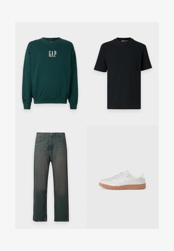 Groene sweatshirt met lange mouwen, voorzien van geribbelde manchetten en tailleband, met een witte geborduurde "GAP"-logo op de borst. Zachte stofstructuur.; Zwart, geribd, gebreid T-shirt met korte mouwen en ronde hals, met een klein zichtbaar label aan de binnenkant van de kraag.; Donkergroene spijkerbroek met rechte pijpen, voorzien van een klassiek ontwerp met vijf zakken en contrasterende stiksels langs de naden.; Zilveren sneakers met een gladde textuur, vetersluiting, geperforeerde accenten en een gestructureerde bruine rubberen zool.
