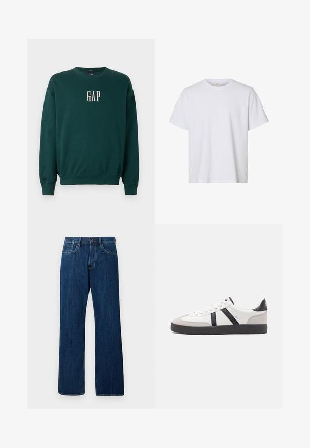 Roheline pikade varrukatega sweatshirt ribidega mansettide ja vöökohtadega, millel on valge tikandiga "GAP" logo rinnal. Pehme kangastekstuuri.; Lihtne valge lühikeste varrukatega T-särk ümar kaelusega, regulaarne lõige ja sile kangatekstuur, esitatud valgel taustal.; Tumed sinised denim püksid, sirge jala disain, keskmise tõusuga vöökoht, klassikaline viie tasku stiil ja kerge fading, metallist nööpkaunistusega.; Valged tossud mustade ja hallide aktsentidega, tekstureeritud halli varbakattega, musta kummitald ja lamedad valged paelad. Puhtad jooned, minimalistlik stiil.