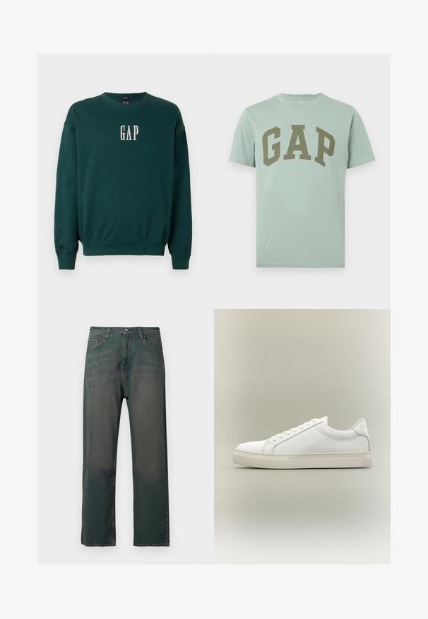 Grøn langærmet sweatshirt med ribbede manchetter og talje, med hvidt broderet "GAP" logo på brystet. Blødt stof.; Lysegrøn kortærmet bomuld T-shirt med stort olivengrønt GAP-logo trykt tværs over brystet.; Mørkegrønne denimjeans med lige ben, der har et klassisk design med fem lommer og kontrastsyninger langs sømmene.; Hvid lavtop sneaker med snørebånd foran og tyk sål, vist fra siden mod en neutral baggrund.