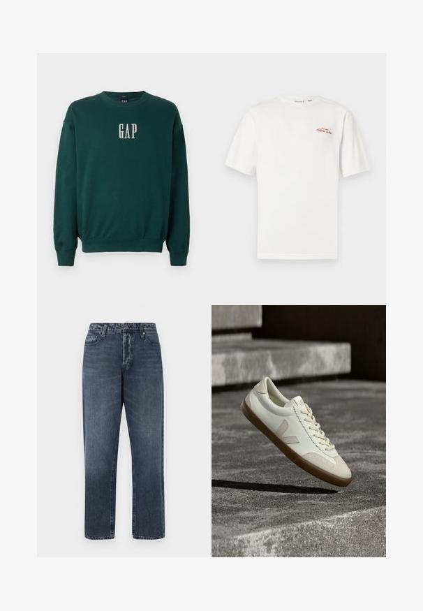 Grøn langærmet sweatshirt med ribbede manchetter og talje, med hvidt broderet "GAP" logo på brystet. Blødt stof.; Hvid bomulds-T-shirt med korte ærmer og rund halsudskæring. Har en rød broderet logo på venstre brystområde.; Jack & Jones Loose-fit JJIEDDIE JJORIGINAL SQ 227 - Baggy jeans - blue denim; Hvide læder sneakers med tanfarvet gummisål, flade snørebånd og V-formet detalje på siden. Har en glat overflade og minimale syninger.