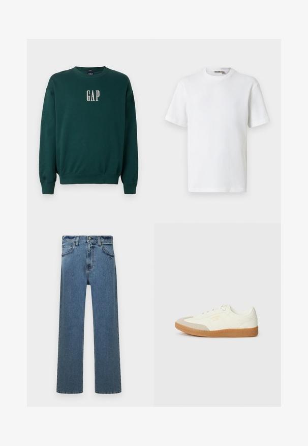 Grøn langærmet sweatshirt med ribbede manchetter og talje, med hvidt broderet "GAP" logo på brystet. Blødt stof.; Hvid kortærmet t-shirt i vaffelmønster med rund hals og et lille mærke med brandnavn inde i kraven, vist på en ensfarvet baggrund.; Blå straight-leg denim jeans med fem lommer, bæltestropper og knaplukning, vist på en hvid baggrund.; Sneaker lavet af hvid læder med en beige tåhætte og let brunt gummisål. Har flade hvide snørebånd og prægede branding på siden.