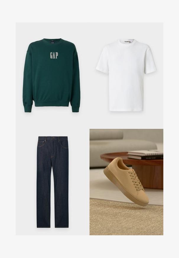 Grøn langærmet sweatshirt med ribbede manchetter og talje, med hvidt broderet "GAP" logo på brystet. Blødt stof.; Hvid kortærmet t-shirt i vaffelmønster med rund hals og et lille mærke med brandnavn inde i kraven, vist på en ensfarvet baggrund.; Mørkeblå denimjeans med lige ben, for- og baglommer, en knap og bæltestropper.; Beige snørestøvler, der svæver over et tekstureret tæppe med et træ sofabord og stablede bøger i en sløret baggrund.