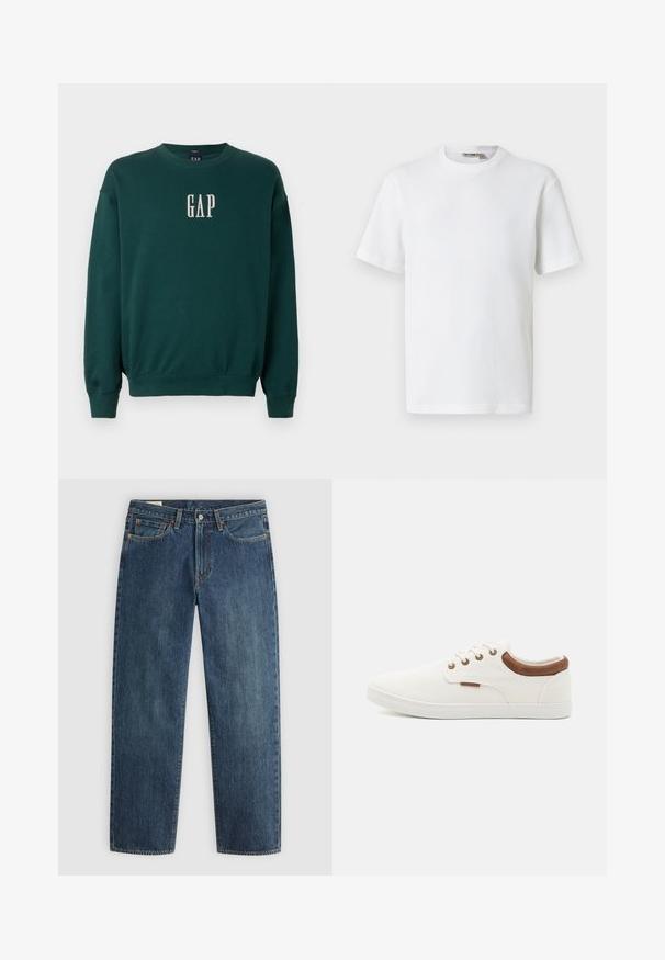 Grøn langærmet sweatshirt med ribbede manchetter og talje, med hvidt broderet "GAP" logo på brystet. Blødt stof.; Hvid kortærmet t-shirt i vaffelmønster med rund hals og et lille mærke med brandnavn inde i kraven, vist på en ensfarvet baggrund.; Mørkeblå denim jeans med lige pasform, fem lommer, synlige syninger og en metalknaplukning i taljen. Stof af medium vægt.; Hvide lærreds sneakers med en glat overflade, brune læderdetaljer ved hælen og fem metaløjer til snørebånd. Har en flad gummisål.