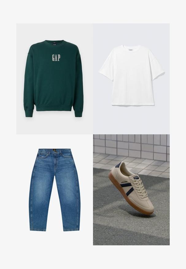 Groene sweatshirt met lange mouwen, voorzien van geribbelde manchetten en tailleband, met een witte geborduurde "GAP"-logo op de borst. Zachte stofstructuur.; Witte oversized T-shirt met korte mouwen, ronde hals en verlaagde schouders, plat op een lichtgrijze achtergrond.; Blauwe high-waist wijde jeans met zakken aan de voorkant, riemlussen, knoopsluiting en een Lee-merklabel op de tailleband.; Beige sneaker met een textuurafwerking, marineblauwe strepen en een rubberen zool. Heeft een gevoerde tong en een traditioneel vetersysteem voor een veilige pasvorm.