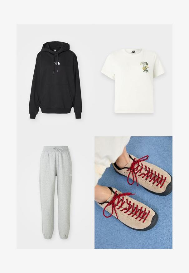 Schwarzer Kapuzenpullover mit Kängurutasche, ausgestattet mit einem weißen Logo auf der Brust, aus weichem Stoff, entworfen für Freizeitkleidung.; Weißes Baumwoll-T-Shirt mit kurzen Ärmeln. Verfügt über grüne und gelbe Blumenstickerei auf der linken Brust, inklusive Logo. Normale Passform.; Graue Sweatpants mit einem elastischen Bund und Kordelzug. Der Stoff ist weich, mit elastischen Bündchen an den Knöcheln und einem Logo-Detail.; Beige Schuhe mit roten Schnürsenkeln, die auf einer blauen strukturierten Fläche positioniert sind und teilweise ein Fußgelenk einer Person zeigen. Die Schuhe haben ein sportliches Design.