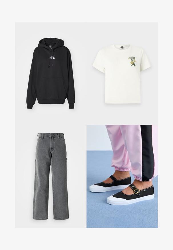 Zwarte hoodie met een kangoeroezak, voorzien van een wit logo op de borst, gemaakt van zachte stof, ontworpen voor casual gebruik.; Wit katoenen T-shirt met korte mouwen. Voorzien van groene en gele geborduurde bloemen op de linkerborst, inclusief logo. Regular fit.; Grijze cargo-broek met wijde pijpen van denim, voorzien van zijzakken, een knoopsluiting en een rechte pasvorm. De stof heeft een zachte textuur.; Zwarte canvas schoenen met een witte zool, met een uitgesneden ontwerp en een gouden gespband. Draagt met roze joggingsbroek.