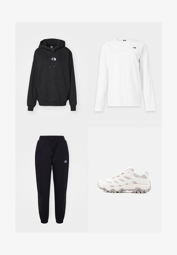 Zwarte hoodie met een kangoeroezak, voorzien van een wit logo op de borst, gemaakt van zachte stof, ontworpen voor casual gebruik.; Wit shirt met lange mouwen en ronde hals met klein zwart The North Face-logo op de linkerborst.; Zwarte joggingsbroek met elastische tailleband en boorden, trekkoord, zijzakken en een klein wit The North Face-logo op de rechterdij.; Lichtgrijze wandelschoen met een gestructureerd bovenwerk, meshpanelen en een rubberen zool. Voorzien van een opvallend vetersysteem en Merrell-logo aan de zijkant.