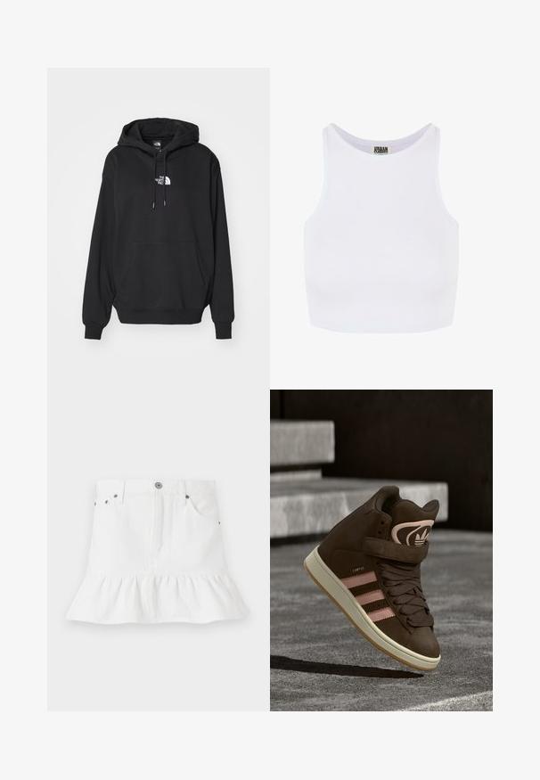 Sort hættetrøje med kængurulomme, med hvidt logo på brystet, lavet af blødt stof, designet til afslappet brug.; Hvid ribbet cropped tanktop med brede skulderstropper og en rund udskæring. Har en blød tekstur og et minimalistisk design uden mønstre.; Hvid denimnederdel med flæsekanter, der har et fem-lommers design, frontlukning med knapper og metalhardware detaljer.; Brune høje sneakers med pink detaljer, tre striber, en tekstureret overflade og en lysfarvet sål. Logo på ankelområdet.