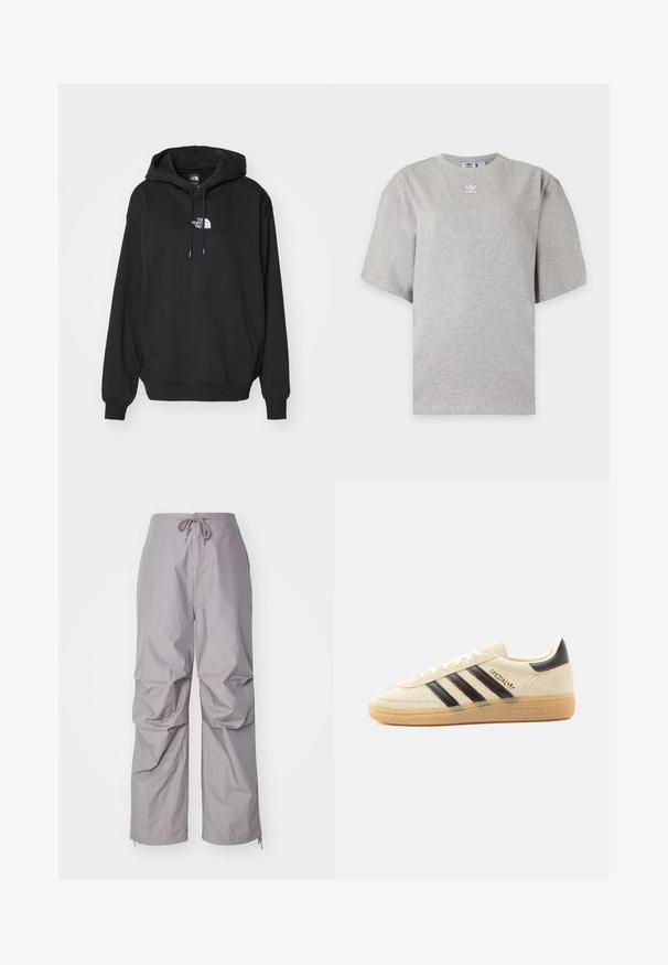 Zwarte hoodie met een kangoeroezak, voorzien van een wit logo op de borst, gemaakt van zachte stof, ontworpen voor casual gebruik.; Lichtgrijs Adidas T-shirt met korte mouwen, ronde hals en klein wit Adidas-logo op de borst, weergegeven op een effen achtergrond.; Grijze, loszittende broek van lichtgewicht stof, met een trekkoord taille en taps toelopende boorden met ritssluitingen. Gecoate afwerking.; Crèmekleurige suède sneaker met zwarte strepen, rubberen zool, zwart hieltabje en gouden "SPEZIAL" tekst aan de zijkant.