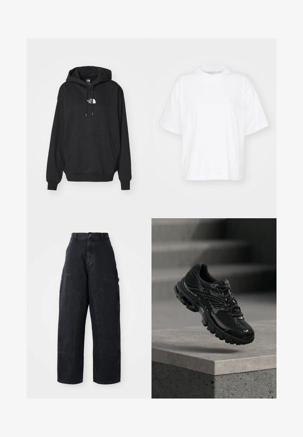 Black hooded sweatshirt with a kangaroo pocket, featuring white logo on the chest, made from soft fabric, designed for casual wear.; White cotton t-shirt with a crew neck, short sleeves, and a relaxed fit. Features a subtle logo on the left chest area. Smooth texture.; Black denim wide-leg cargo pants with a high waist, two large front pockets, and a button closure at the waist. Smooth texture, casual design.; Black Nike running shoe with mesh and synthetic upper floating above a concrete surface and steps in the background.
