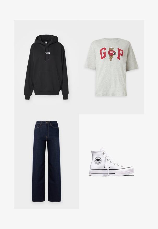 Sort hættetrøje med kængurulomme, med hvidt logo på brystet, lavet af blødt stof, designet til afslappet brug.; Lysegrå T-shirt med røde "G" og "P" bogstaver, med en bjørn iført en rød hættetrøje og en hvid kasket, som holder en fodbold.; Mørkeblå bredbenede jeans lavet af denim, med høj talje, fire lommer og kontrastfarvet syninger langs sømmene.; Hvid Converse Chuck Taylor All Star højt snøresko med sorte striber og logoemblem på siden, vist mod en ensfarvet hvid baggrund.