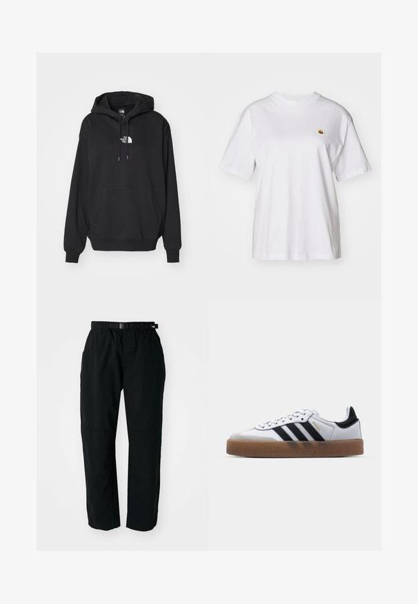Schwarzer Kapuzenpullover mit Kängurutasche, ausgestattet mit einem weißen Logo auf der Brust, aus weichem Stoff, entworfen für Freizeitkleidung.; Weißes Baumwoll-T-Shirt mit lockerem Schnitt, kurzen Ärmeln und einem kleinen gestickten Logo auf der linken Brustseite.; Schwarze, leichte Hose mit einem elastischen Bund und verstellbarem Gürtel. Verfügt über schmal zulaufende Beine und verstärkte Kniepartien für Langlebigkeit.; Weiße Leder Sneakers mit schwarzen Streifen, Gummigummi-Außensohle, runder Zehenform, Schnürverschluss und weichem grauem Wildleder-Zehenkappe.