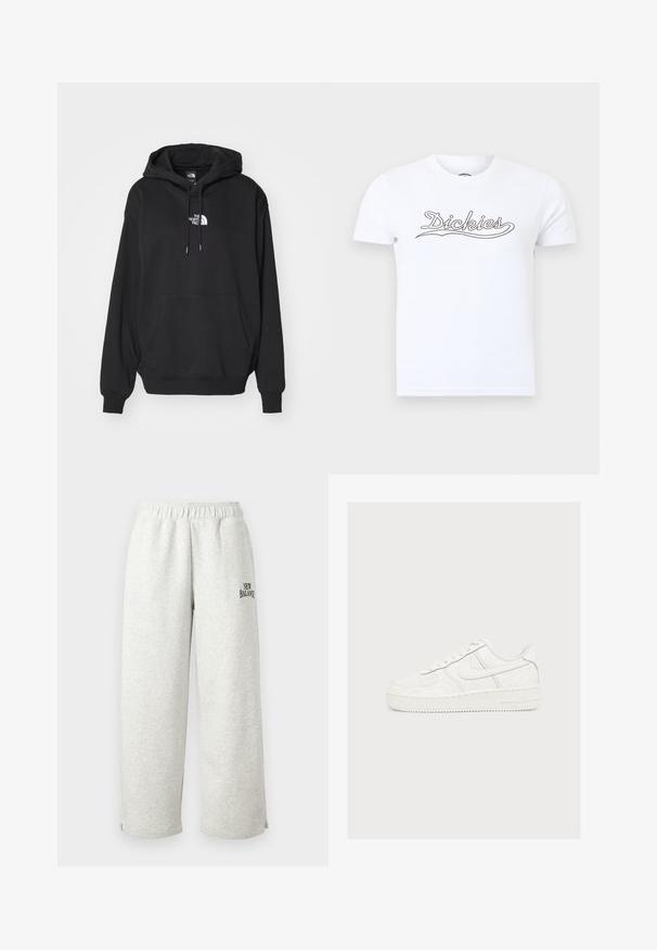 Schwarzer Kapuzenpullover mit Kängurutasche, ausgestattet mit einem weißen Logo auf der Brust, aus weichem Stoff, entworfen für Freizeitkleidung.; Weißes kurzärmeliges T-Shirt mit Rundhalsausschnitt und schwarzem "Dickies"-Logo, das quer über der Brust auf einem schlichten Hintergrund gedruckt ist.; Hellgraue Jogginghose aus weichem Material, mit elastischem Bund und einem kleinen schwarzen "New Balance"-Logo an der Seite.; Weißer Nike Air Force 1 Sneaker mit geprägten wirbelnden Mustern und einem Swoosh-Logo an der Seite, vor einem schlichten hellen Hintergrund.