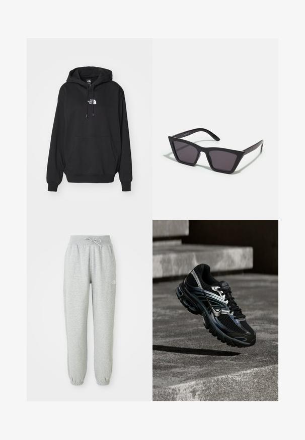 Black hooded sweatshirt with a kangaroo pocket, featuring white logo on the chest, made from soft fabric, designed for casual wear.; Gray sweatpants with an elastic waistband and drawstring. The fabric is soft, featuring elastic cuffs at the ankles and a logo accent.; Black and silver Nike running shoe floating above concrete steps, showing detailed design and textured sole in outdoor setting.; Black, angular sunglasses with gray lenses; made of plastic, featuring thick arms with a smooth surface and no visible hardware.