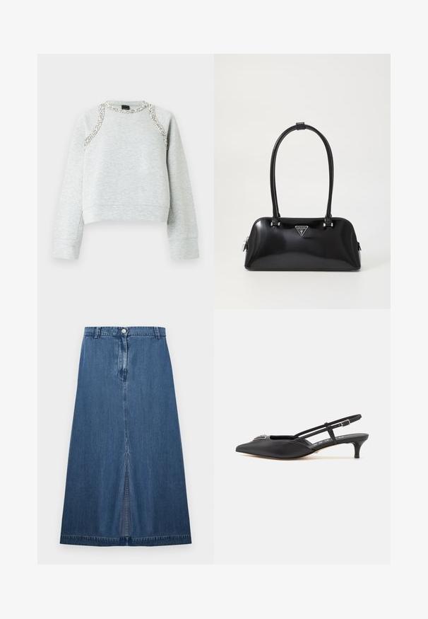 Grå sweatshirt med cropped design, der har sølvdekorationer langs halsudskæringen og skuldrene, lavet af blødt bomuldsmateriale.; Denimnederdel i mørkeblå med lige snit og en midtersplit ved kanten. Har standard taljebånd og lukning med metalknap.; Sorte slingback-sko med spids tå, lavet af glat materiale, med en lille hæl og en dekorativ sølvaccent på vamps.; Sort glanshandtaske med en buet silhuet, to håndtag og en frontlogo-plakette. Lynlås lukning og skinnende hardware-detaljer.