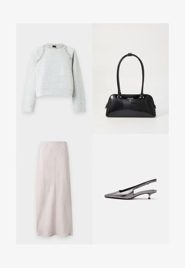 Grå sweatshirt med cropped design, der har sølvdekorationer langs halsudskæringen og skuldrene, lavet af blødt bomuldsmateriale.; Lys pink maxi nederdel i linned med et rent, lige design. Stoffet har en let struktureret overflade og en elastisk talje.; Metalgrå spids slingback-sko med lav kittenhæle og justerbar rem på hvid baggrund.; Sort glanshandtaske med en buet silhuet, to håndtag og en frontlogo-plakette. Lynlås lukning og skinnende hardware-detaljer.