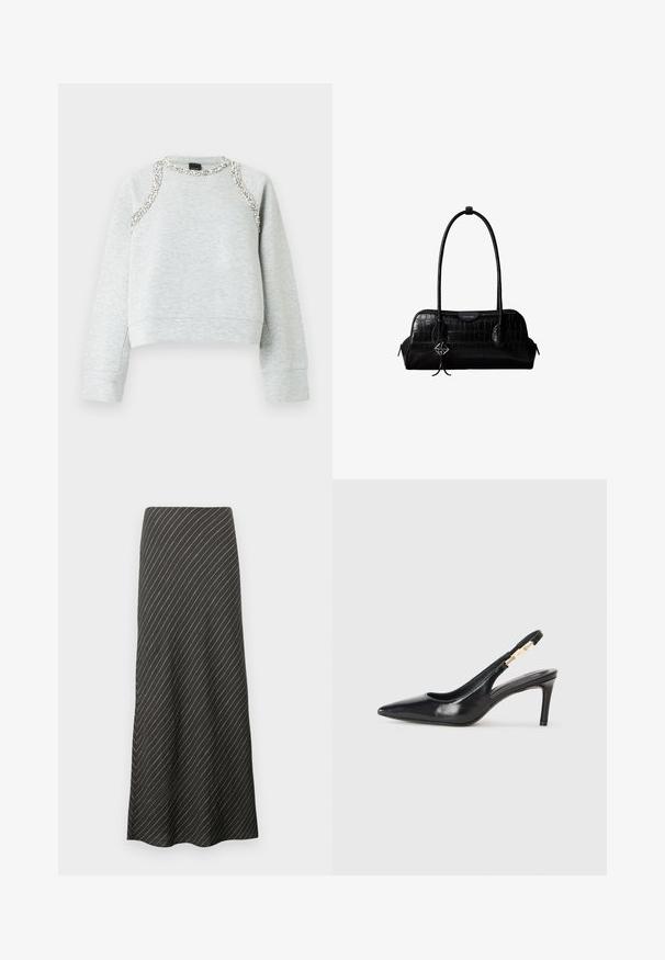 Grå sweatshirt med cropped design, der har sølvdekorationer langs halsudskæringen og skuldrene, lavet af blødt bomuldsmateriale.; Sort midi-nederdel med diagonale hvide striber, lavet af et glat stof. Har en udvidet design og en A-formet silhuet.; Sort læder slingback højhælede sko med spidse tæer, glat overflade og en smal ankelrem med guldfarvede hardware detaljer.; Sort skuldertaske i krokodillelæder med lange stropper og lille sølvlogo-charm på den ene strop.