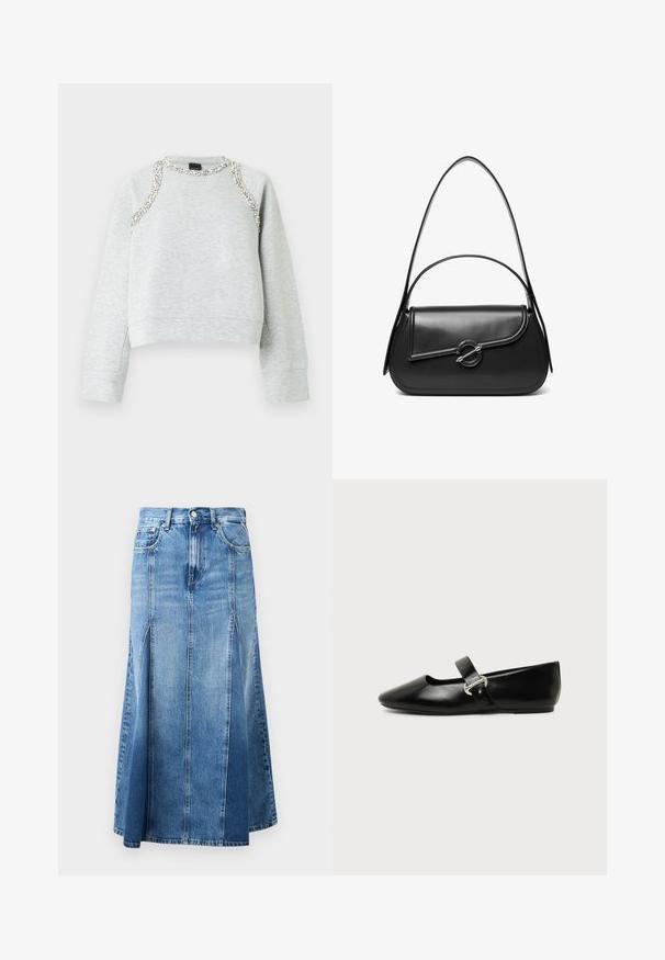 Grå sweatshirt med cropped design, der har sølvdekorationer langs halsudskæringen og skuldrene, lavet af blødt bomuldsmateriale.; Denim nederdel med en lys til mørk blå gradient, knælængde, med lige snit, frontslids og klassisk knap- og lynlås-lukning.; Sort læder Mary Jane-flad sko med rundet tå og sølvspænde på ensfarvet baggrund.; Sort skuldertaske i læder med en buet klap, der er fastgjort med en rund metal spænde, og en slank, justerbar rem.