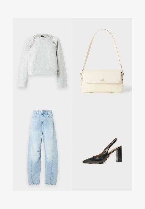 Grauer Sweatshirt mit kurzem Schnitt, verziert mit silbernen Applikationen entlang des Halsausschnitts und der Schultern, gefertigt aus weichem Baumwollmaterial.; Helle blaue Jeans mit weitem Bein und hoher Taille, mit Knopfverschluss, Vordertaschen und dezentem Verblassen.; Schwarzer Leder-Slingback-Schuh mit spitzer Kappe, hohem Blockabsatz und beigegefüttertem Innenraum vor hellem, einfarbigem Hintergrund.; Schultertasche aus cremefarbenem Leder mit Klappverschluss, silbernen Beschlägen, einem verstellbaren Riemen und einem dezenten Logodetail.