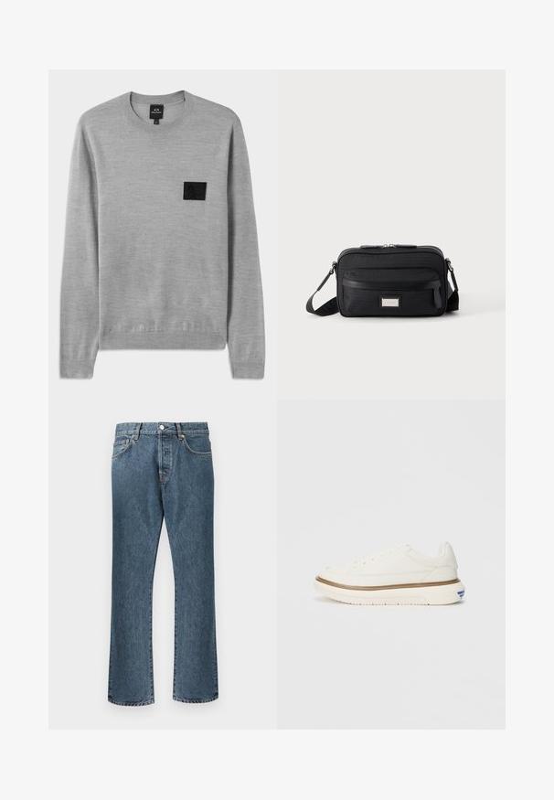Suéter gris con cuello redondo, mangas largas y puños acanalados. Cuenta con un parche de logo texturizado en negro en el pecho. Material de punto suave.; Vaqueros de denim azul con un diseño de pierna recta, que cuentan con un clásico cierre de botón y cremallera, cinco bolsillos y un ligero desvanecimiento.; Zapatillas de lona blancas con perfil bajo, que presentan una superficie texturizada, sutiles acentos marrones alrededor de la suela y detalles azules en el talón.; Bolso bandolera rectangular negro con bolsillo frontal con cremallera, correa ajustable y placa de logo rectangular plateada sobre fondo liso.