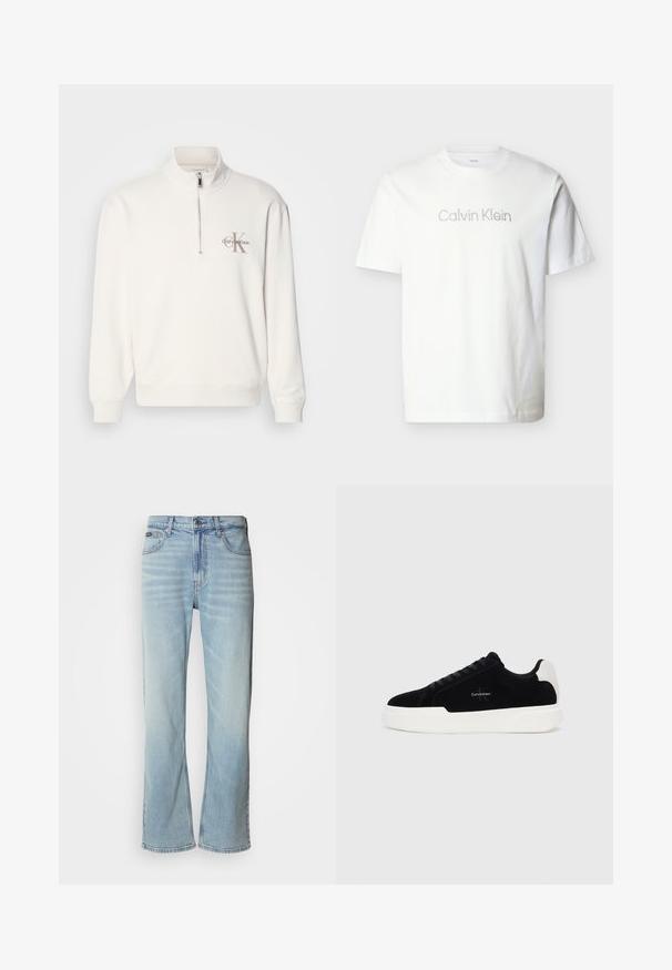 Hvid pullover sweatshirt med halv-zip krave, der har et gråt logo på venstre bryst og ribbede manchetter og kant. Blødt materiale.; Hvid kortærmet t-shirt lavet af bomuld med et gråt "Calvin Klein"-logo på tværs af brystet i en minimalistisk skrifttype.; Lyseblå denimjeans med lige ben, der har fem lommer, knaplukning og en subtil falmning på stoffet.; Sort lave sneakers med hvid sål og hæltap, snørebånd fortil, og Calvin Klein-logo på siden.