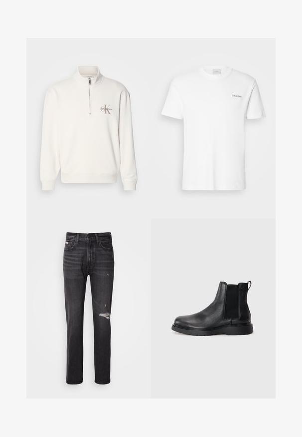 Witte pullover sweatshirt met een half-rits kraag, voorzien van een grijs logo op de linkerborst en geribbelde manchetten en zoom. Zachte materiaaltextuur.; Witte katoen T-shirt met korte mouwen en een ronde hals. Bevat een klein zwart "Calvin Klein" logo op de linkerborst.; Zwarte denim jeans met een rechte pijp, verwerkte details bij de knie, vijf-pocket styling en een subtiele vervaagde afwerking.; Zwarte leren Chelsea boots met een gestructureerde afwerking, elastische zijpanelen en een stevige rubberen zool. Subtiele branding op de hiel.
