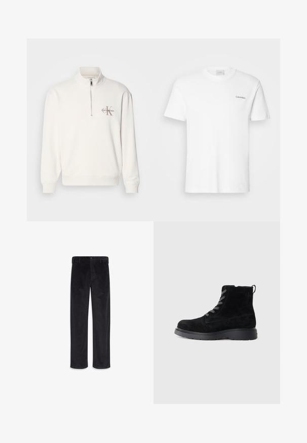 Weißer Pullover-Sweatshirt mit einem halben Reißverschluss-Kragen, ausgestattet mit einem grauen Logo auf der linken Brust sowie gerippten Bündchen und Saum. Weiche Materialstruktur.; Weißes Baumwoll-T-Shirt mit kurzen Ärmeln und Rundhalsausschnitt. Mit einem kleinen schwarzen "Calvin Klein"-Logo auf der linken Brust.; Schwarze Cordhose mit geradem Bein, Knopf- und Reißverschluss, Gürtelschlaufen und Seitentaschen.; Schwarze Wildleder-Stiefeletten mit einer strukturierten Oberfläche, runder Zehenpartie, grauen Schnürsenkeln und einer stabilen schwarzen Sohle. Verfügt über eine kleine Zuglasche an der Rückseite.