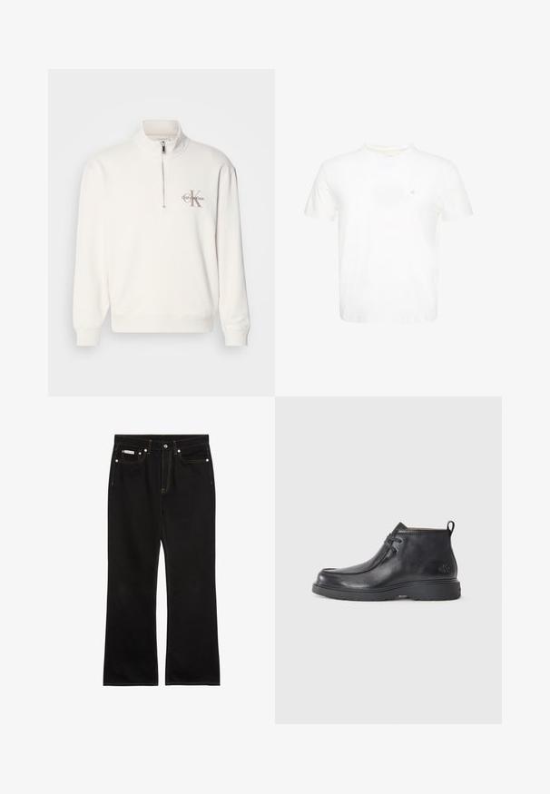 Hvid pullover sweatshirt med halv-zip krave, der har et gråt logo på venstre bryst og ribbede manchetter og kant. Blødt materiale.; Hvid T-shirt med korte ærmer og rund hals med lille broderet "ck" logo på venstre bryst.; Sorte jeans med lige ben, orange syning, fem lommer, knaplukning og et lille Calvin Klein-mærke på den forreste højre lomme.; Sorte læder ankelstøvler med rund tå, snørelukning og en løkke bagpå. Tekstureret overdel og gummisål.