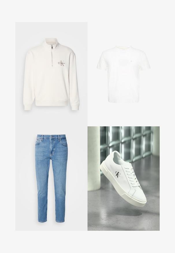 Hvid pullover sweatshirt med halv-zip krave, der har et gråt logo på venstre bryst og ribbede manchetter og kant. Blødt materiale.; Hvid T-shirt med korte ærmer og rund hals med lille broderet "ck" logo på venstre bryst.; Lys blå denim jeans med lige snit, fem-lomme design og subtilt slid. Har knaplukning og bæltestropper.; Hvid Calvin Klein sneaker med snørebånd, vist svævende over en poleret betongulv og en baggrund af glasblokke.