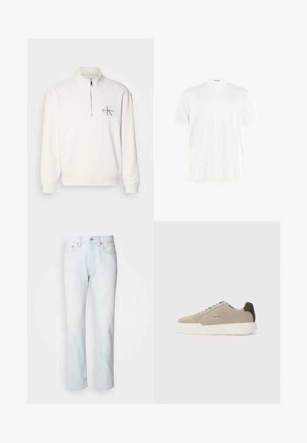 Hvid pullover sweatshirt med halv-zip krave, der har et gråt logo på venstre bryst og ribbede manchetter og kant. Blødt materiale.; Hvid crewneck T-shirt lavet af blødt stof. Korte ærmer, uden mønstre. Simpelt design med lige kant og minimal detaljer.; Lyseblå denimjeans med lige ben. Har en knaplukning og bæltestropper, viser en falmet tekstur og minimal syning.; Beige ruskinds sneakers med en hvid gummisål, der har en mørkegrøn hælaccent og subtil branding på siden.