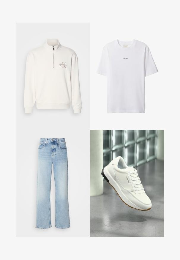 Hvid pullover sweatshirt med halv-zip krave, der har et gråt logo på venstre bryst og ribbede manchetter og kant. Blødt materiale.; Hvid bomuld t-shirt med rund hals og korte ærmer. Har en lille sort "Calvin Klein"-logo centreret på brystet.; Lysblå vide jeans med høj talje, der har en falmet finish, bæltestropper og klassisk fem-lomme design. Kantene er rå.; Hvid Calvin Klein sneaker med snørelukning foran og sort og brunt gummisål, vist i moderne indendørs omgivelser med glasblokke.