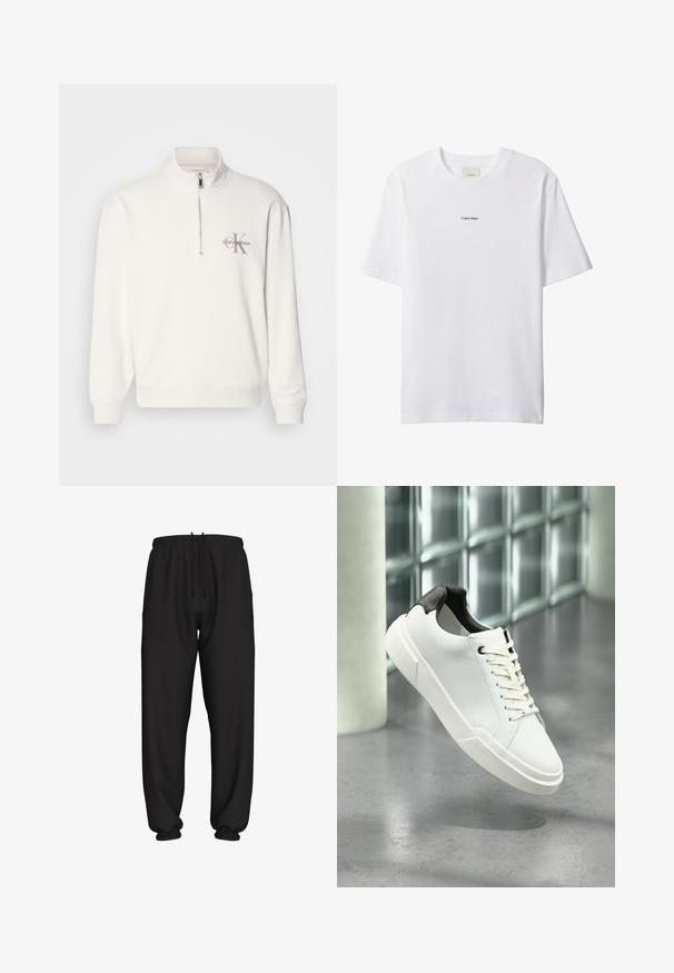 Witte pullover sweatshirt met een half-rits kraag, voorzien van een grijs logo op de linkerborst en geribbelde manchetten en zoom. Zachte materiaaltextuur.; Witte katoenen T-shirt met een ronde hals en korte mouwen. Heeft een klein zwart "Calvin Klein"-logo in het midden van de borst.; Zwarte sweatpants met losse pasvorm, elastische tailleband en boorden, voorzien van een verstelbare trekkoord in de taille.; Witte lage sneaker met zwarte, gestructureerde hielkap, witte veters en dikke zool op een gepolijste betonnen vloer nabij glazen blokken.