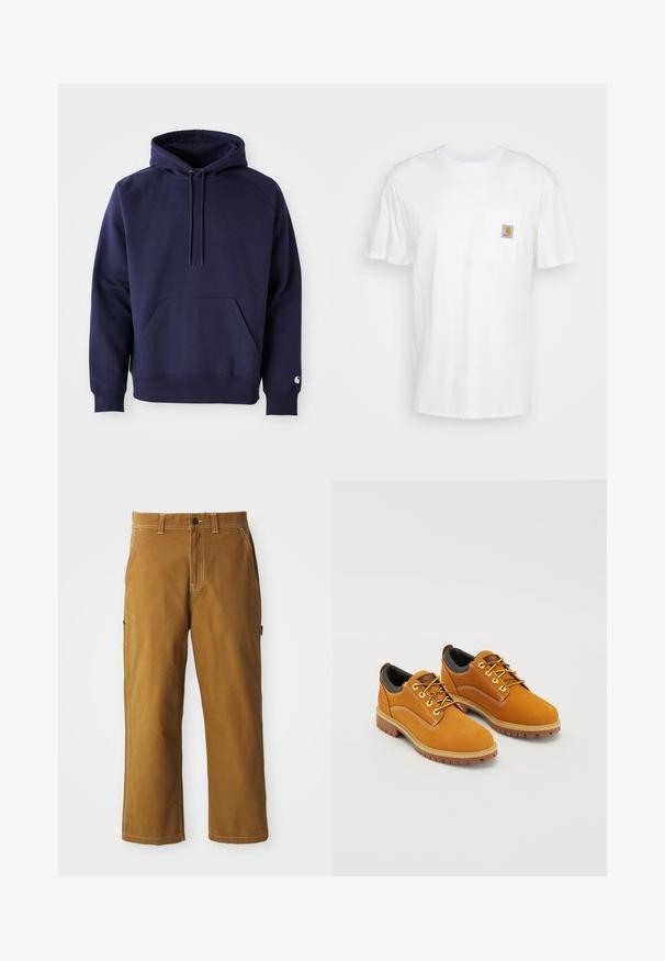 Marineblå pullover hoodie lavet af blødt stof. Har en kængurulomme, snøre i hætten og ribbede manchetter. Udsmykket med logo på ærmet.; Hvid bomulds T-shirt med korte ærmer, en brystlomme, og et lille firkantet logo patch i orange og hvid på lommen.; Brune bomuldsbukser med lige pasform, forstærkede sømme og sidelommer. Har en knaplukning og bæltestropper i taljen.; Brune ruskindssko med rund tå, gule snørebånd, en polstret sort krave og gummisåler med skridsikre riller.
