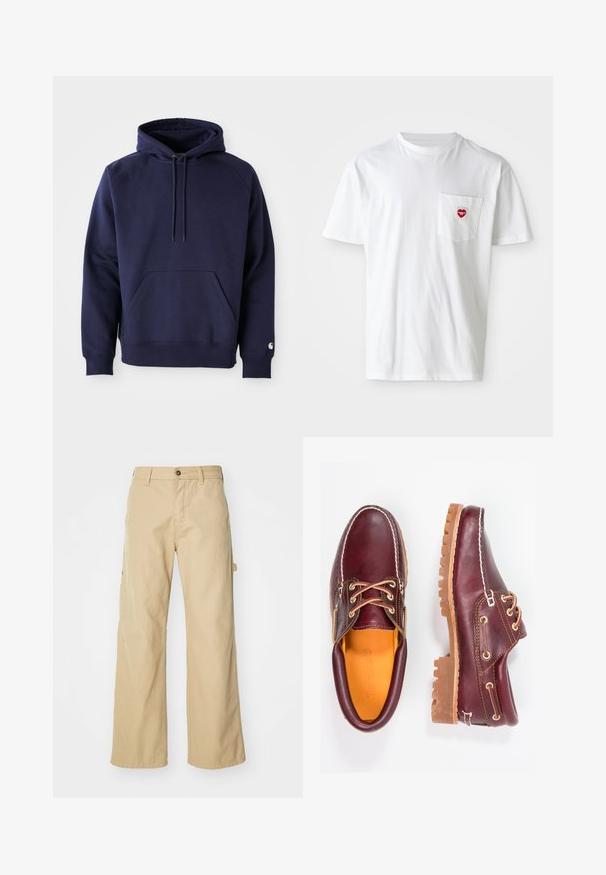 Marineblå pullover hoodie lavet af blødt stof. Har en kængurulomme, snøre i hætten og ribbede manchetter. Udsmykket med logo på ærmet.; Hvid bomulds T-shirt med rund halsudskæring og korte ærmer. Har et lille rødt hjerte-logo på venstre brystlomme.; Beige brede cargo bukser med knaplukning, der har sidelommer, lavet af slidstærkt bomuldsstof, glat tekstur og lige skæring.; Bordeaux lædersko med brune gummisåler, rund tå, hvid syning og gyldne snøringer. Indersiden har et gult for.