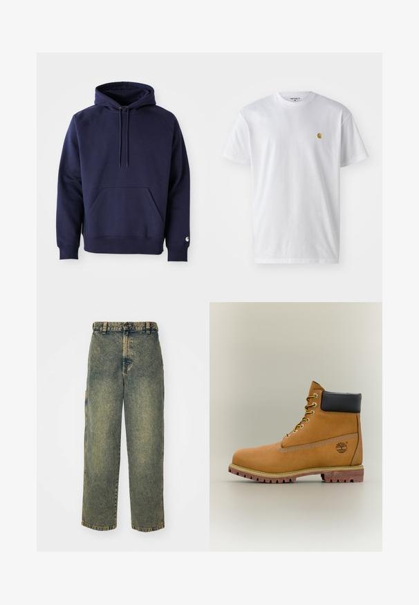 Marineblå pullover hoodie lavet af blødt stof. Har en kængurulomme, snøre i hætten og ribbede manchetter. Udsmykket med logo på ærmet.; Hvid bomulds t-shirt med korte ærmer, rund hals og et lille guld logo på venstre brystområde. Blød tekstur og almindelig pasform.; Slidse denim jeans i en falmet blå og grøn vask. Har en knaplukning, bælteløkker og sidelommer. Flad front og lige ben-design.; Brun læderankelstøvle med sort krave, gule snørebånd og tanfarvet sål. Har logo og hvide syninger som detalje. Robust ydersål med greb.