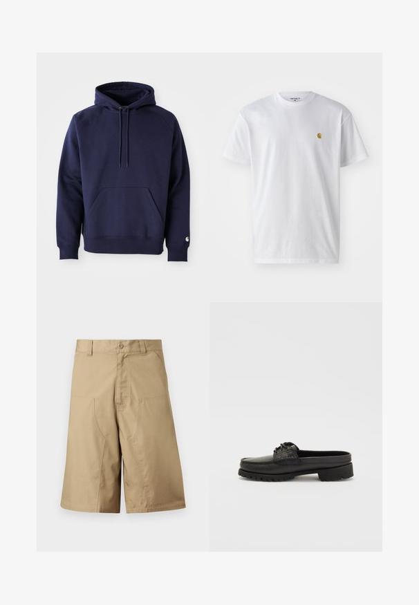 Marineblå pullover hoodie lavet af blødt stof. Har en kængurulomme, snøre i hætten og ribbede manchetter. Udsmykket med logo på ærmet.; Hvid bomulds t-shirt med korte ærmer, rund hals og et lille guld logo på venstre brystområde. Blød tekstur og almindelig pasform.; Khaki shorts med lige pasform, lavet af letvægtsstof, der har to forlommer og knaplukning i taljen.; Sorte læderslipsko med snøre-detalje, rund tå og tekstureret sål. Har en let hævet hæl og glat overflade.