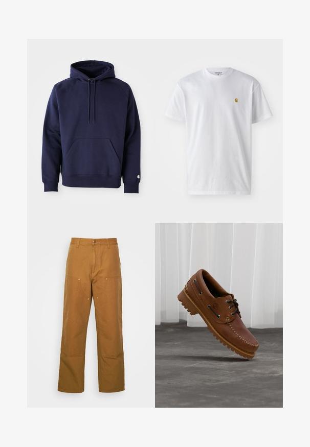 Marineblå pullover hoodie lavet af blødt stof. Har en kængurulomme, snøre i hætten og ribbede manchetter. Udsmykket med logo på ærmet.; Hvid bomulds t-shirt med korte ærmer, rund hals og et lille guld logo på venstre brystområde. Blød tekstur og almindelig pasform.; Brune bomuldsarbejdsbukser med lige ben-design, der har frontlommer og metalhardware detaljer for ekstra holdbarhed.; Brun læder bådsko med sorte snørebånd, beige syninger og en robust sål, hængende over en grå betongulv.