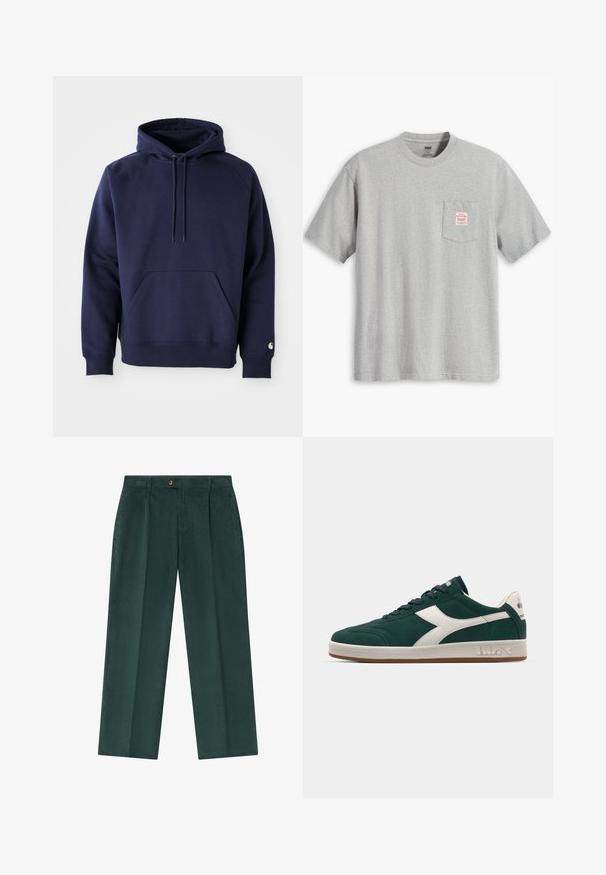 Marineblå pullover hoodie lavet af blødt stof. Har en kængurulomme, snøre i hætten og ribbede manchetter. Udsmykket med logo på ærmet.; Grå t-shirt med korte ærmer lavet af bomuld, der har en brystlomme med et rødt mærke. Rund hals og afslappet pasform.; Grønne fløjlbukser med en afslappet pasform, der har frontfolder, knaplukning og sidelommer.; Grønne ruskinds sneakers med hvide detaljer, rund tå, struktureret gummisål og kontrasterende logo på siden og hælen.