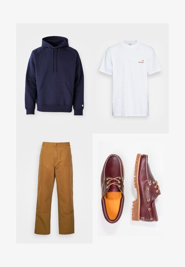Marineblå pullover hoodie lavet af blødt stof. Har en kængurulomme, snøre i hætten og ribbede manchetter. Udsmykket med logo på ærmet.; Hvid bomulds t-shirt med korte ærmer. Designet med et lille orange og maroon logo på venstre bryst. Har en klassisk rund hals.; Brune bomuldsarbejdsbukser med lige ben-design, der har frontlommer og metalhardware detaljer for ekstra holdbarhed.; Bordeaux lædersko med brune gummisåler, rund tå, hvid syning og gyldne snøringer. Indersiden har et gult for.