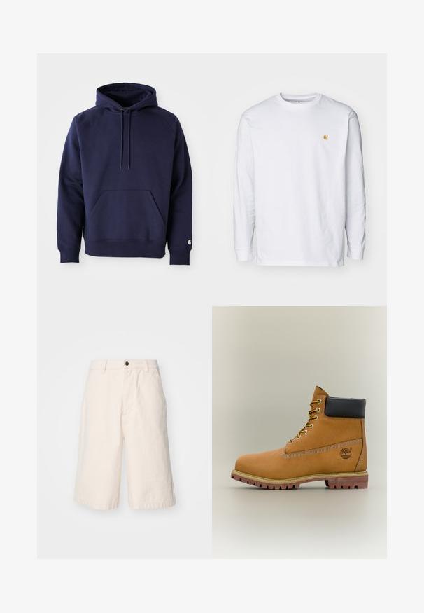 Donkerblauwe pullover hoodie van zacht stof. Voorzien van een kangoeroezak, trekkoordcapuchon en ribgebreide manchetten. Geaccentueerd met logo op de mouw.; Witte lange mouwen t-shirt van katoen. Voorzien van een klein gouden logo op de borst en een ronde hals. Eenvoudig ontwerp en standaard pasvorm.; Lichtbeige katoenen shorts met een rechte pasvorm, voorzien van een knoopsluiting, zijzakken en een zoom die net boven de knie valt.; Bruine leren enkellaars met zwarte kraag, gele veters en een zandkleurige zool. Voorzien van een logo en witte stikseldetails. Robuuste loopzool met grip.
