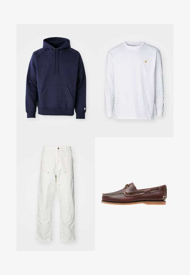 Marineblå pullover hoodie lavet af blødt stof. Har en kængurulomme, snøre i hætten og ribbede manchetter. Udsmykket med logo på ærmet.; Hvid langærmet t-shirt lavet af bomuld. Har et lille gyldent logo på brystet og en rund halsudskæring. Enkel design og standard pasform.; Hvide bomulds cargo bukser med en afslappet pasform. Funktioner inkluderer for- og baglommer, guldfarvede hardware detaljer og forstærkede knæsektioner.; Brun læder bådsko med hvide sømme, snøre detaljer og lysbrun gummisål, vist fra siden på hvid baggrund.
