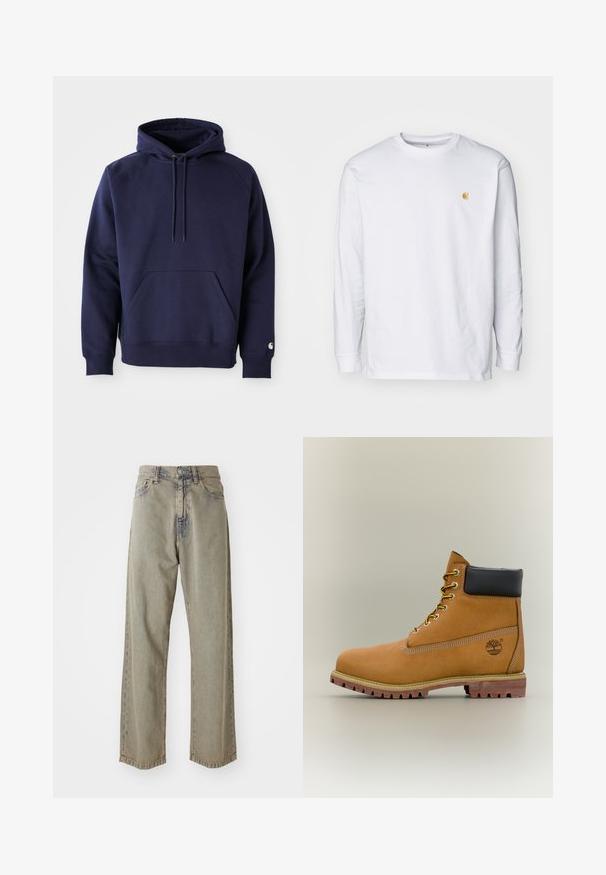 Donkerblauwe pullover hoodie van zacht stof. Voorzien van een kangoeroezak, trekkoordcapuchon en ribgebreide manchetten. Geaccentueerd met logo op de mouw.; Witte lange mouwen t-shirt van katoen. Voorzien van een klein gouden logo op de borst en een ronde hals. Eenvoudig ontwerp en standaard pasvorm.; Lichtgrijze wijde spijkerbroek van denim, met een vervaagde textuur, zichtbare stiksels en een traditionele knoop- en ritsclosure.; Bruine leren enkellaars met zwarte kraag, gele veters en een zandkleurige zool. Voorzien van een logo en witte stikseldetails. Robuuste loopzool met grip.