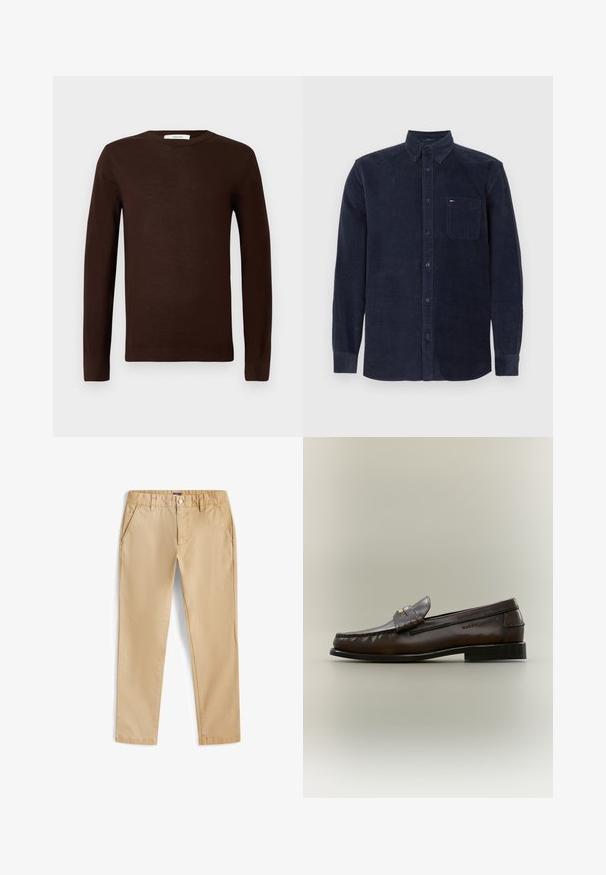 Dunkelbrauner langärmeliger Rundhalsausschnitt-Pullover mit gerippten Bündchen und Saum, auf einem schlichten weißen Hintergrund präsentiert.; Langärmliges, navyblaues Kordhemd mit Knopfleiste, Frontbrusttasche und Kragen, flach auf einem weißen Hintergrund ausgelegt.; Beige gerade geschnittene Hose mit Fronttaschen, Gürtelschlaufen, Knopf- und Reißverschluss, auf weißem Hintergrund dargestellt.; Dunkelbrauner Lederloafer mit niedrigem schwarzen Absatz, Mokassinnähten und einem dekorativen Riemen über dem Spann.