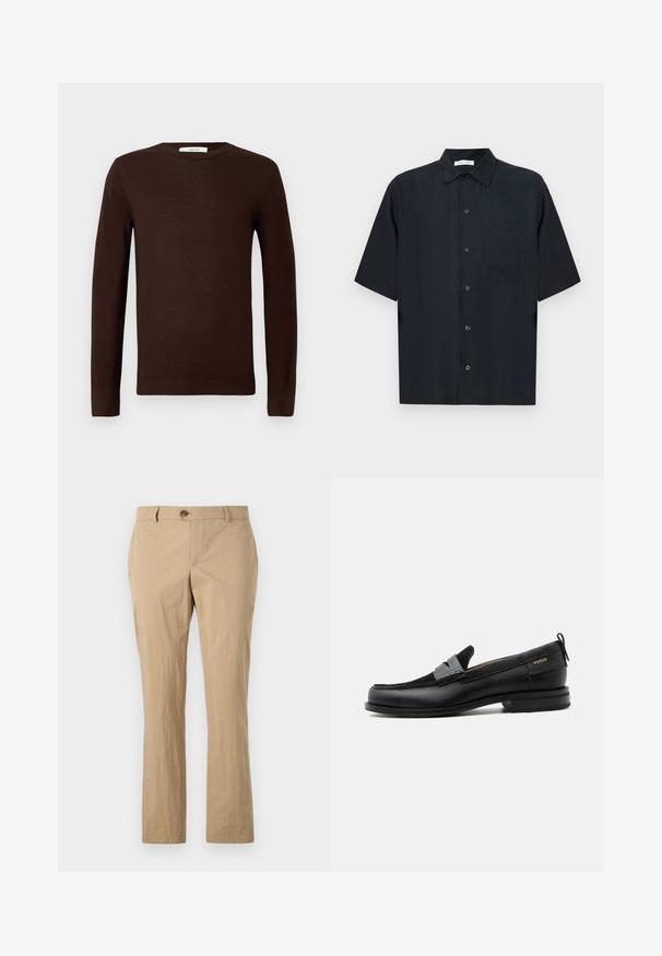 Mørkebrun langærmet crewneck sweater med ribbede manchetter og kant, præsenteret på en plain hvid baggrund.; Sort kortærmet skjorte i tekstureret stof med knaplukning foran, lille brystlomme og klassisk krave.; Beige bomuldsbukser med lige ben, med knaplukning, bæltestropper og en glat tekstur. Ingen synlige mønstre.; Sort læderloafer med grå remdetalje, lav hæl og tekstureret sål, mærket med "HUGO" i guld på siden.