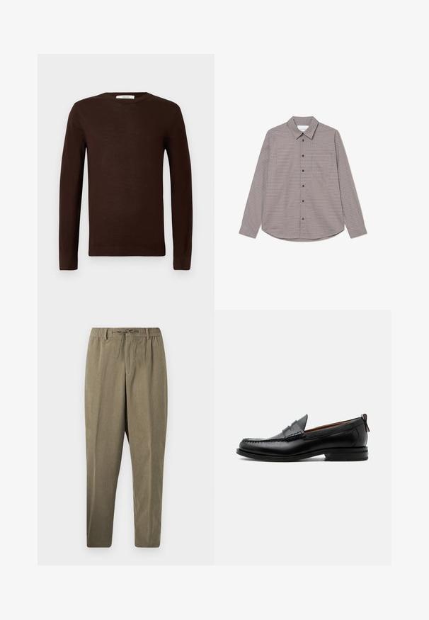 Mørkebrun langærmet crewneck sweater med ribbede manchetter og kant, præsenteret på en plain hvid baggrund.; Langærmet skjorte med knaplukning i brune og beige tern. Har en krave, en brystlomme og sorte knapper langs fronten.; Taupe kordfløjspants med elastisk bælteløkker, bæltestropper og snor, lige benudskæring mod en helt hvid baggrund.; Sort læder herre loafer med moc-tå syning, penny strop, struktureret krave og lav stablet hæl på hvid baggrund.