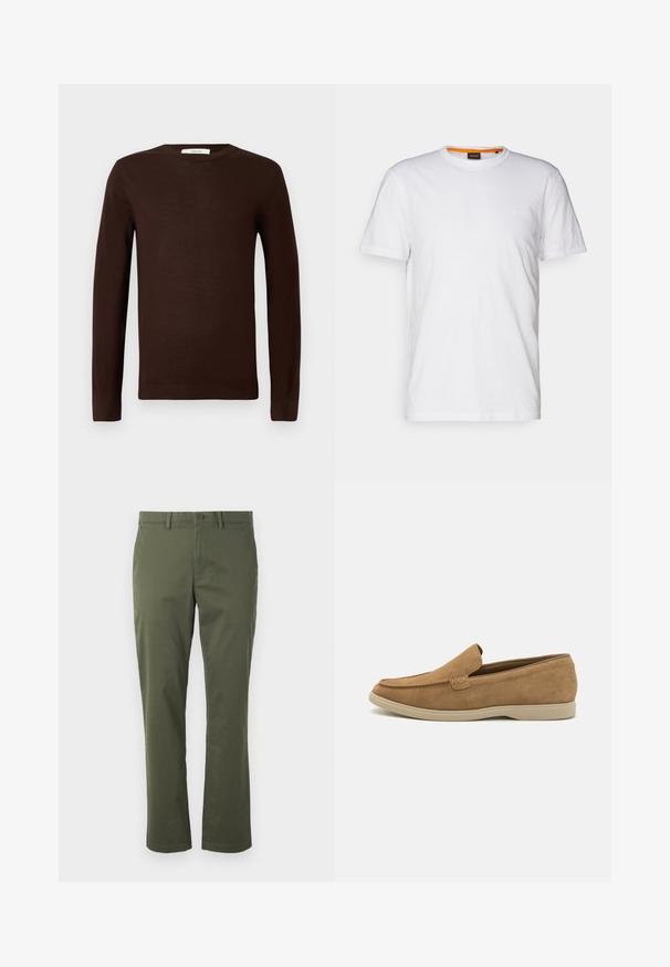 Dunkelbrauner langärmeliger Rundhalsausschnitt-Pullover mit gerippten Bündchen und Saum, auf einem schlichten weißen Hintergrund präsentiert.; Weißes Baumwoll-T-Shirt mit Rundhalsausschnitt, kurzen Ärmeln und einem dezenten geprägten Logo auf der Brust. Das Innenschild hat einen orangefarbenen Akzent.; Olivgrüne Baumwollhose mit geradem Schnitt, Reißverschluss, Knopfverschluss, Gürtelschlaufen und Fronttaschen. Glatte Textur, keine sichtbaren Muster.; Suede Slipper in Tan, mit abgerundeter Zehenpartie, zum Hineinschlüpfen, und leichter Gummisohle; verfügt über eine Naht und ein dezentes Trimmdetail.
